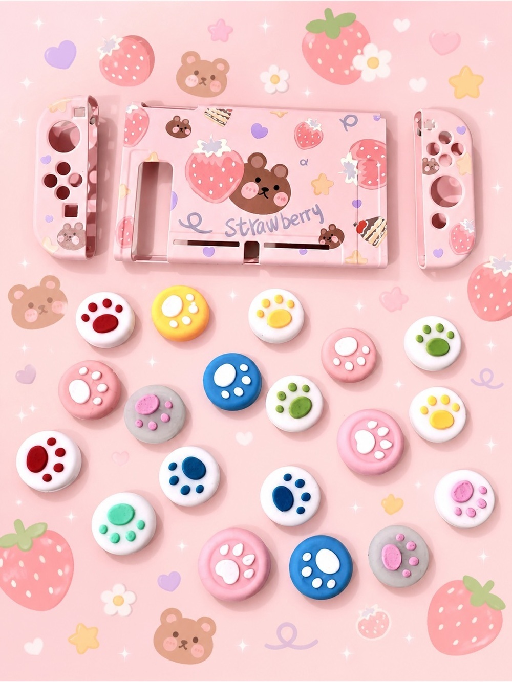 Nintendo Switch 🍓🐻 Strawberry Bear Case Pink Kawaii Thumb Joystick Grips Set